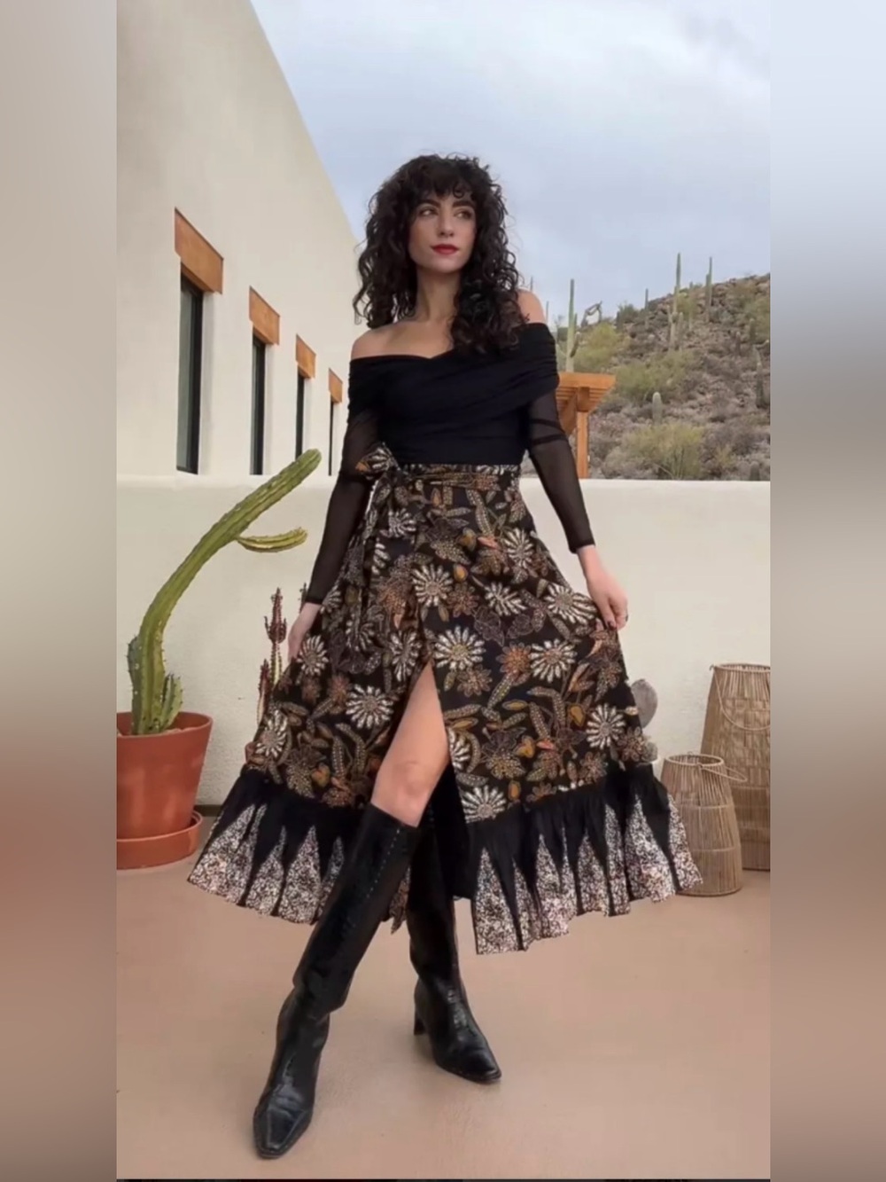 Cleobella Boho Tiered Black Floral Wrap Midi Skirt